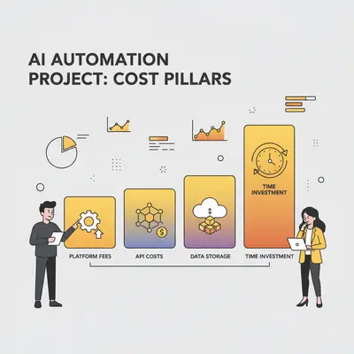 A chart comparing the four main cost pillars of an AI automation project: Platform Fees, API Costs, Data Storage, and the significant Time Investment. — alt text: Chart comparing the core cost components of AI automation._