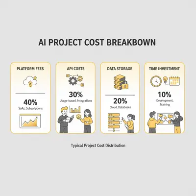 Visual breakdown of the four cost pillars of AI automation: Platform Fees, API Costs, Data Storage, and Time Investment.