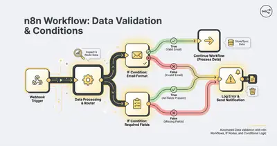 n8n workflow showing data validation nodes with IF conditions for email and required fields