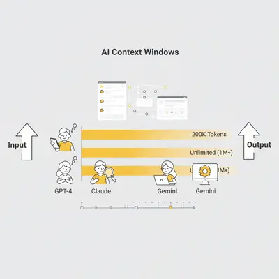 A diagram comparing the context window sizes of different AI models like GPT-4, Claude, and Gemini, showing their relative capacity.