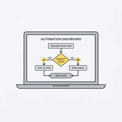 _ A small business owner reviewing an automation workflow on a laptop, with a simple flowchart visible on screen