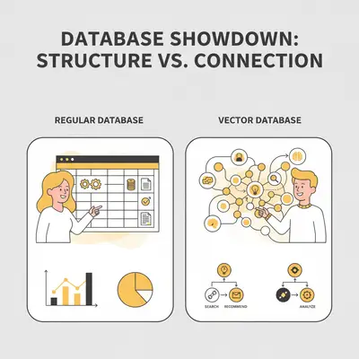 A diagram comparing a regular database (structured, like a spreadsheet) to a vector database (network of related concepts, like a brain)