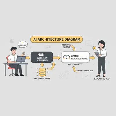 Automation workflow architecture with n8n, a vector database, and OpenAI.