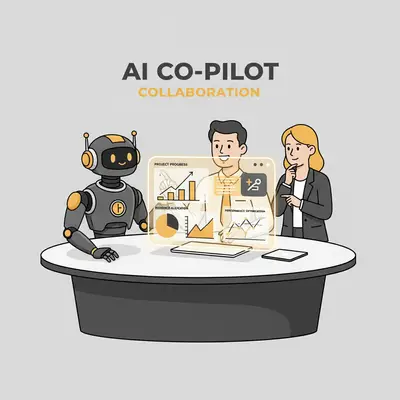 A hero image showing a human professional confidently working alongside a helpful robot or AI interface, symbolizing collaboration and augmentation. Alt text: A human professional and an AI co-pilot working together