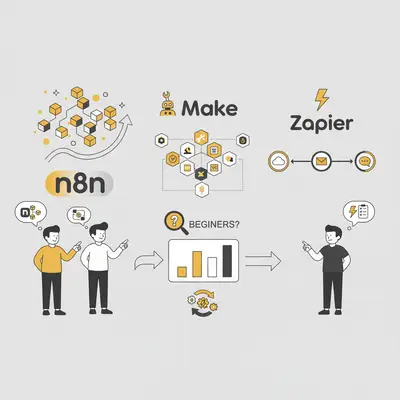 A flowchart comparing automation platforms n8n, Make, and Zapier for beginners, highlighting their key differences.