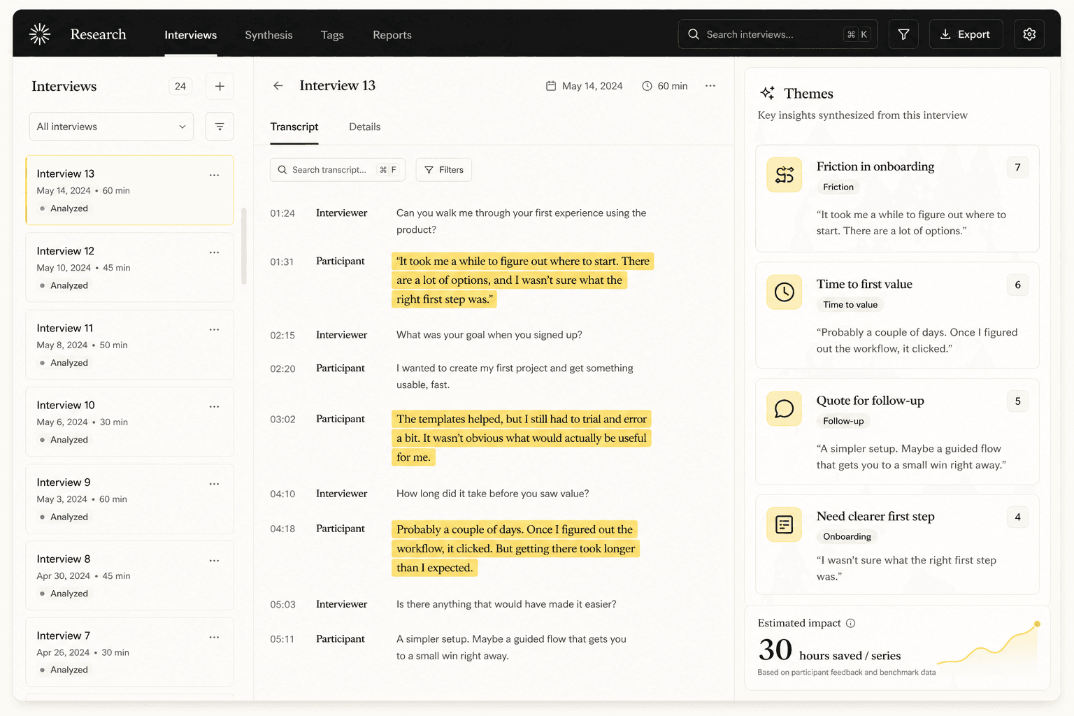 Custom research tool for interview transcripts and themes